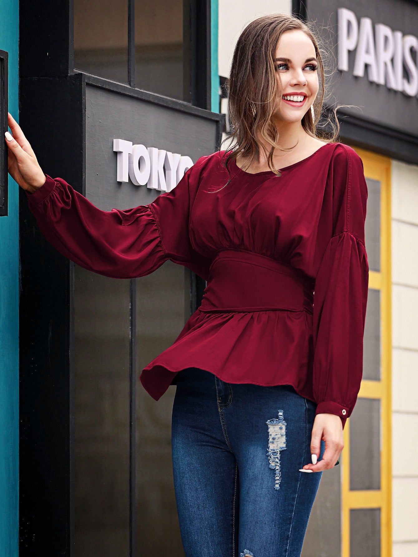 Exposed Seams Round Neck Dropped Shoulder Blouse.