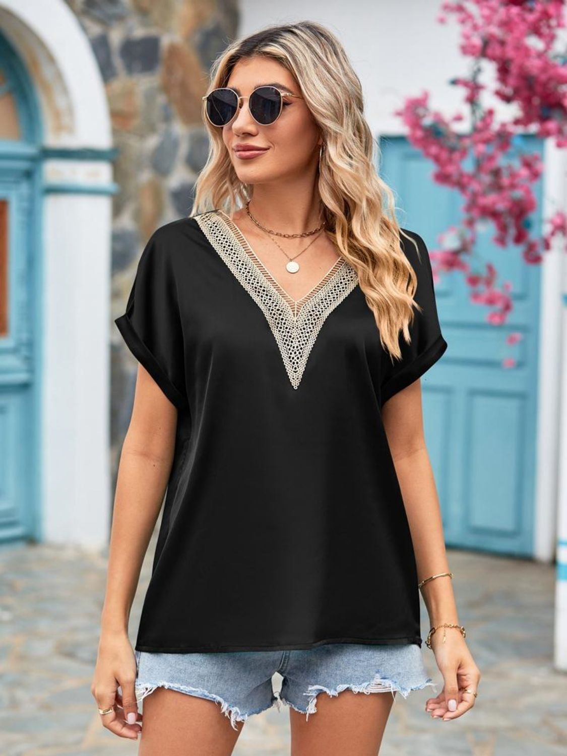V-Neck Cuffed Blouse.