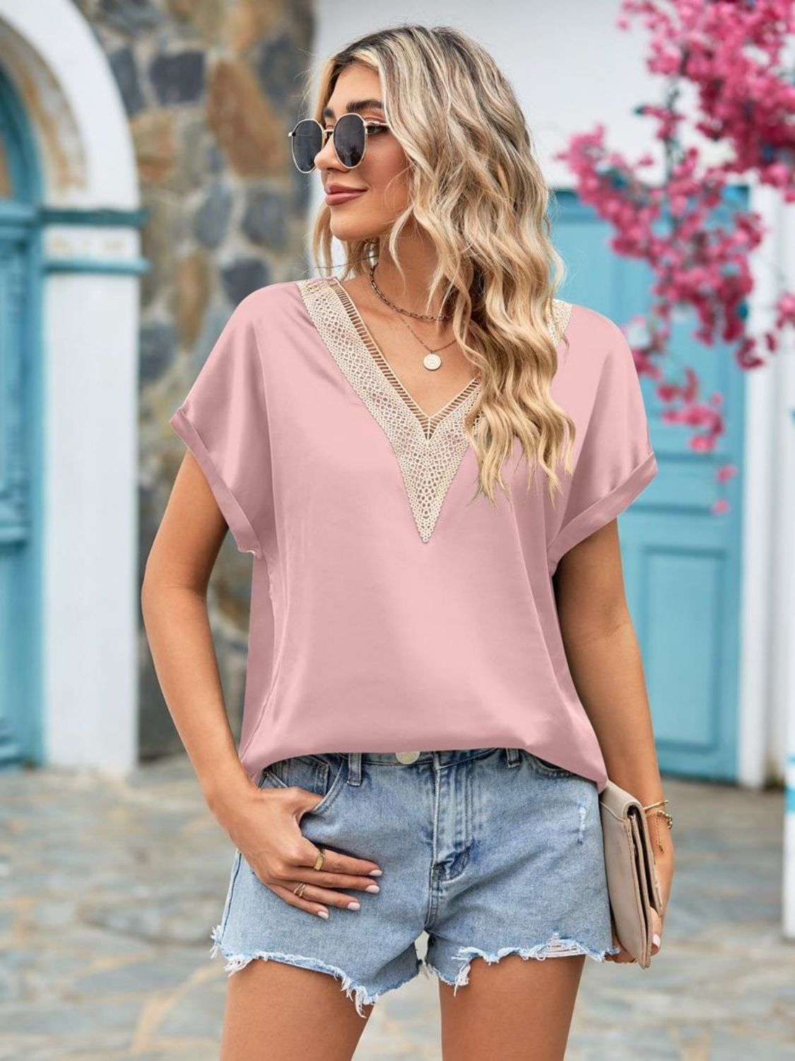 V-Neck Cuffed Blouse.