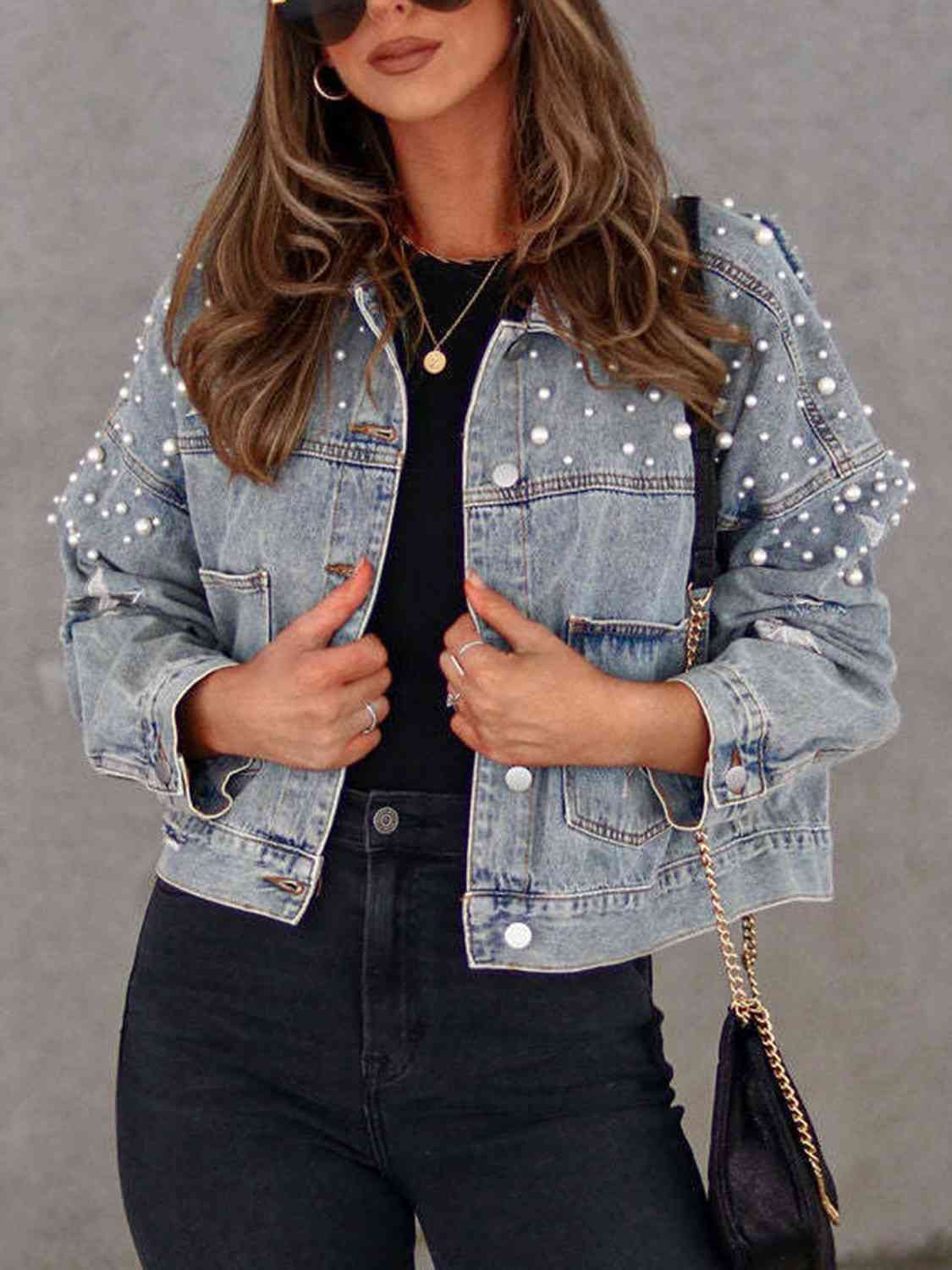 Pearl Trim Button Up Denim Jacket with Pockets - By Baano