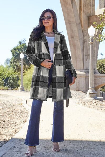 Double Take Full Size Plaid Button Up Lapel Collar Coat - By Baano