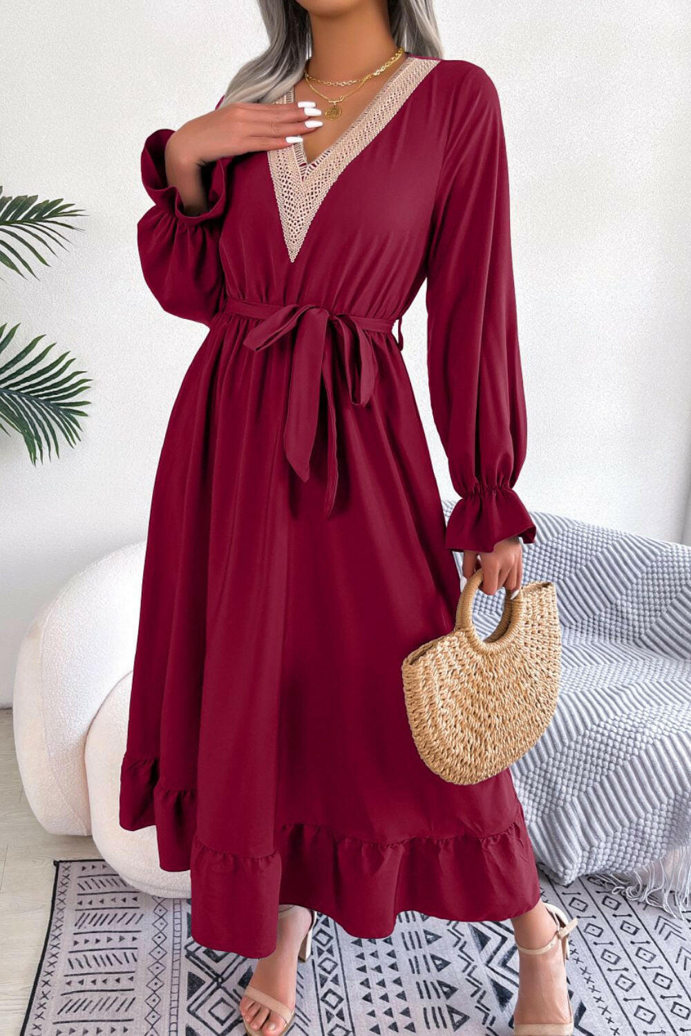 Contrast Belted Flounce Sleeve Dress - By Baano