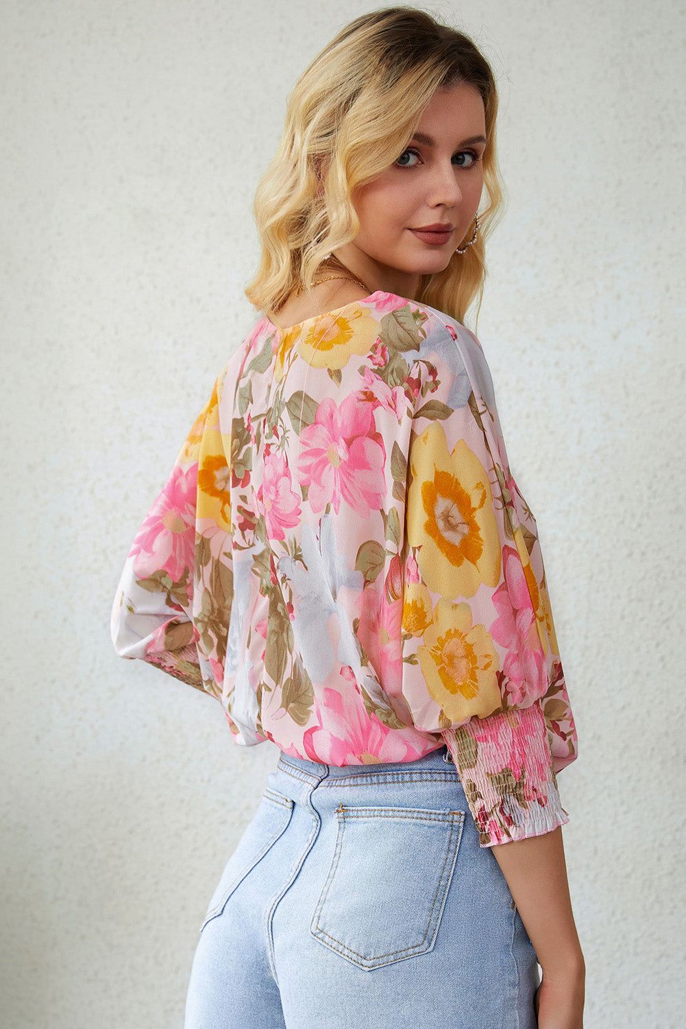 Floral Round Neck Three-Quarter Sleeve Top - By Baano