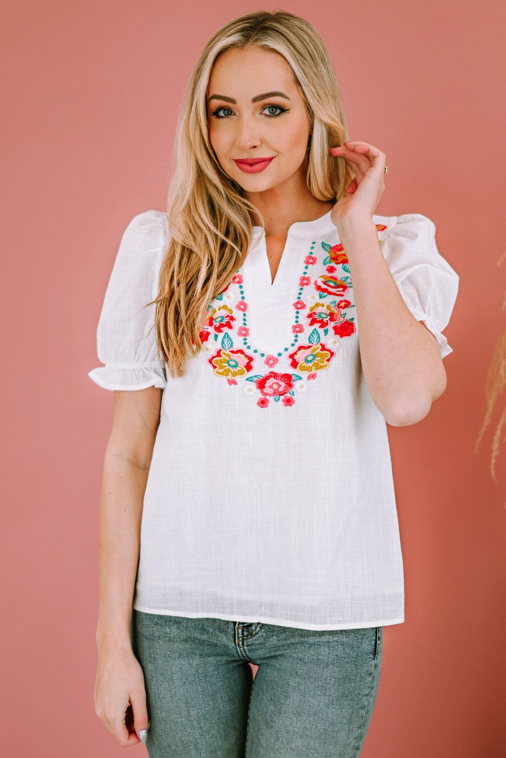 Embroidered Notched Neck Flounce Sleeve Top - By Baano