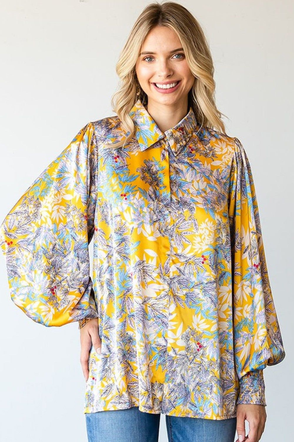 First Love Full Size Floral Lantern Sleeve Blouse.