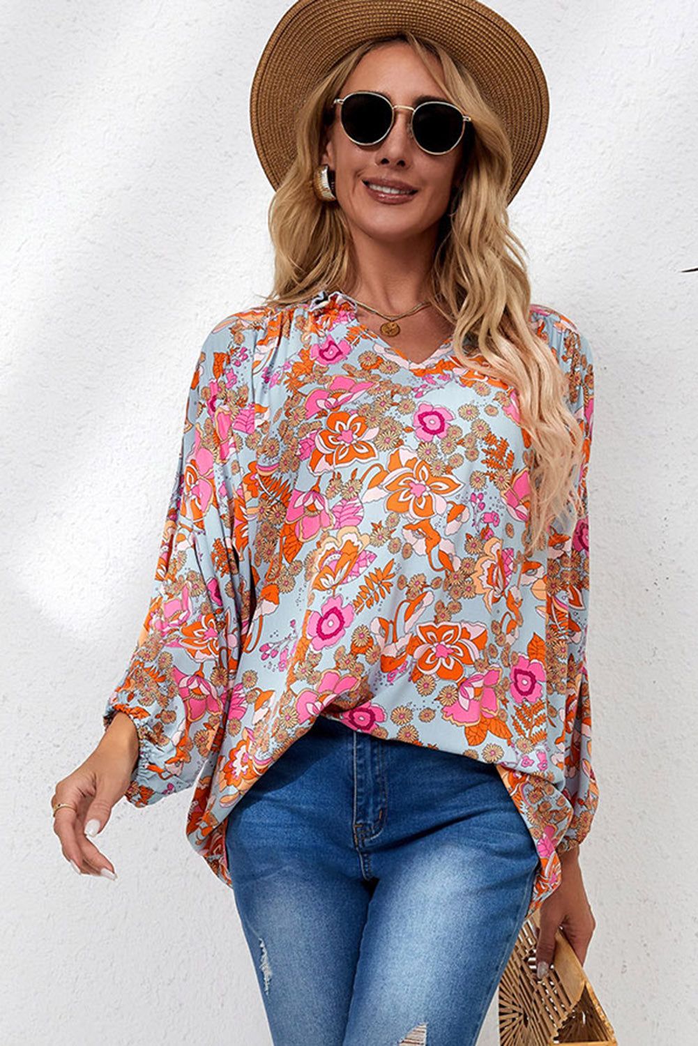 Floral Frill Trim Balloon Sleeve Blouse - By Baano
