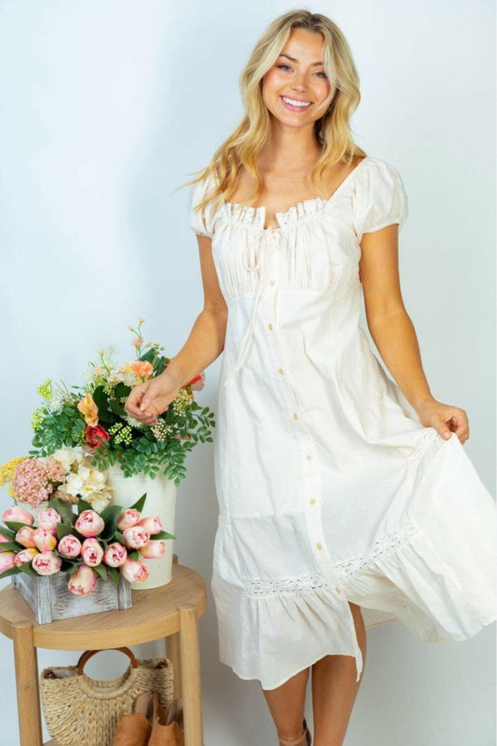 White Birch Flower Market Full Size Lace Trim Midi Dress.