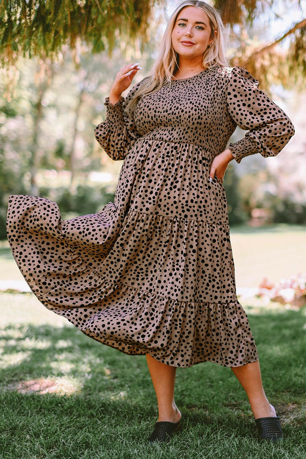 Plus Size Animal Print Smocked Tiered Dress - By Baano