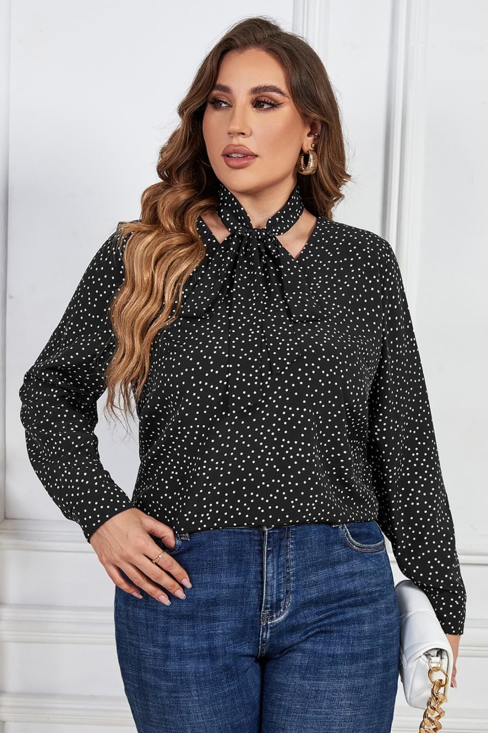 Melo Apparel Plus Size Printed Tie Neck Long Sleeve Blouse.