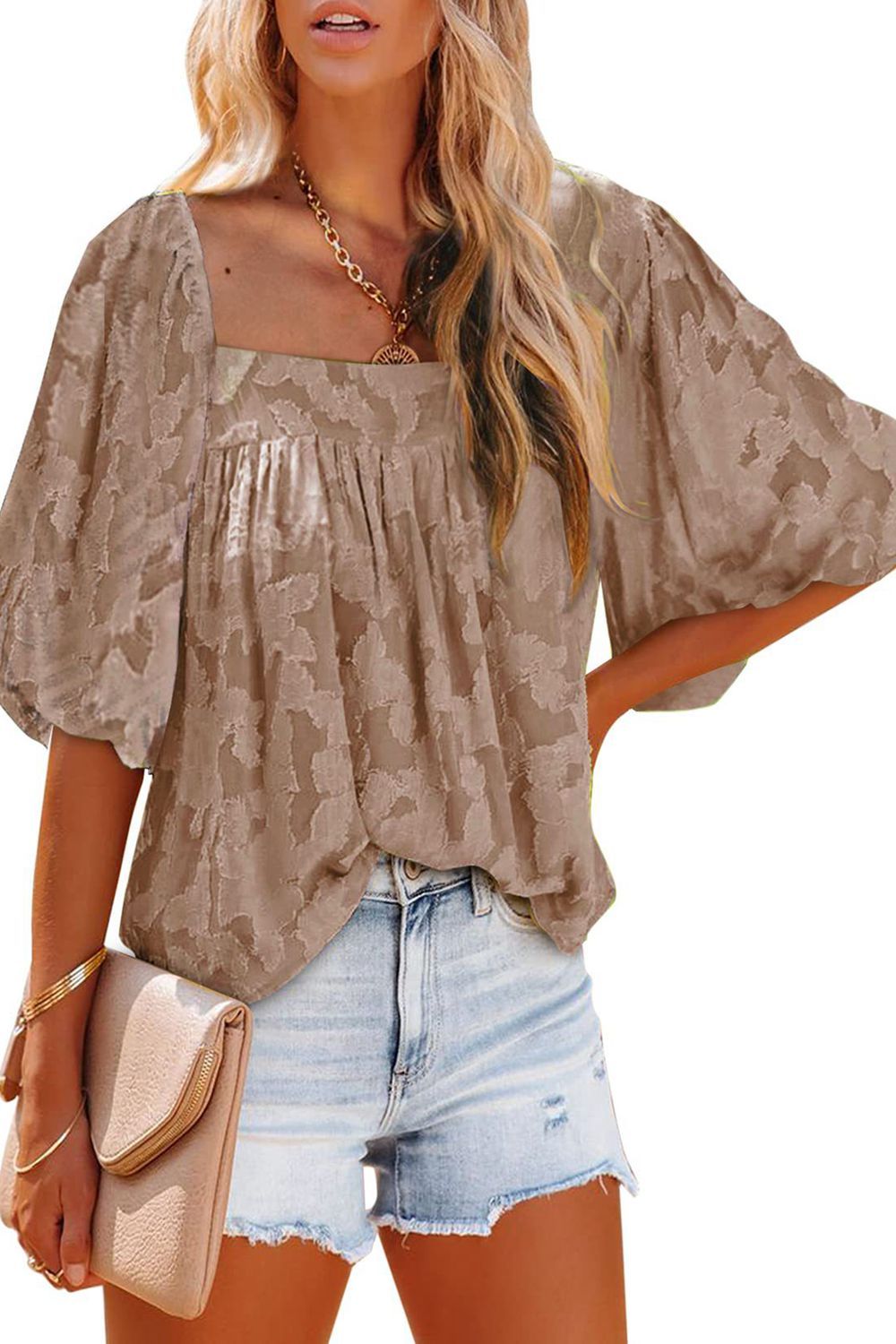 Square Neck Puff Sleeve Blouse.