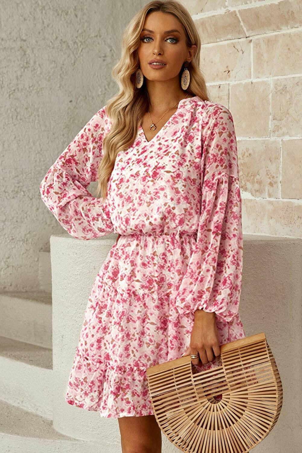 Floral Frill Trim Puff Sleeve Notched Neck Dress - By Baano