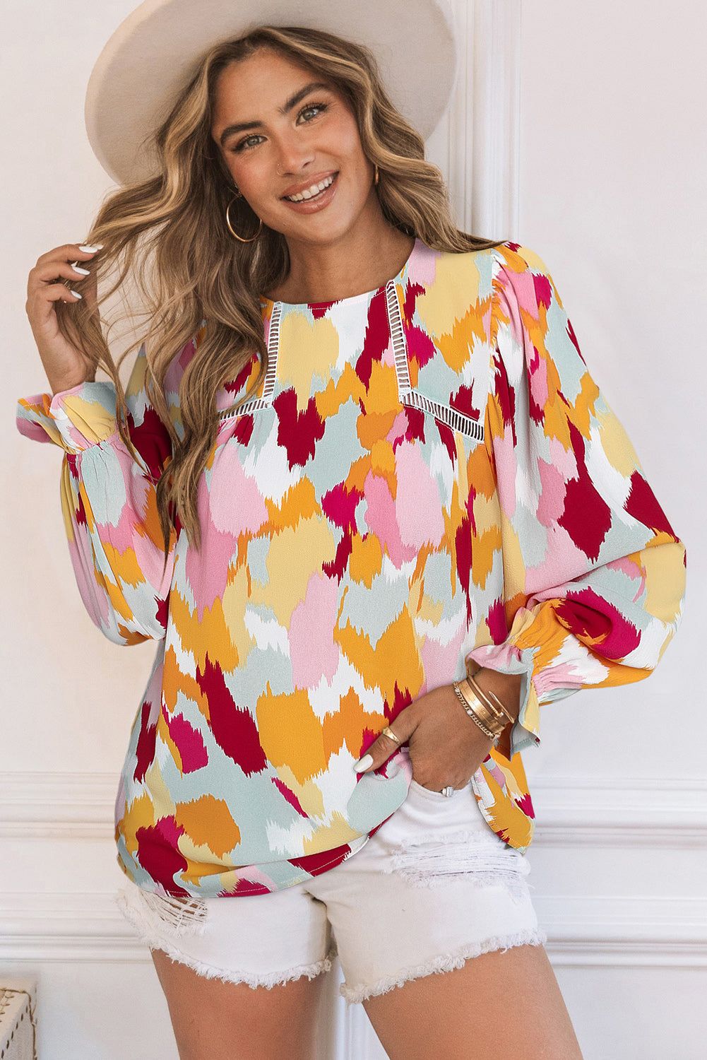 Printed Flounce Sleeve Buttoned Blouse.