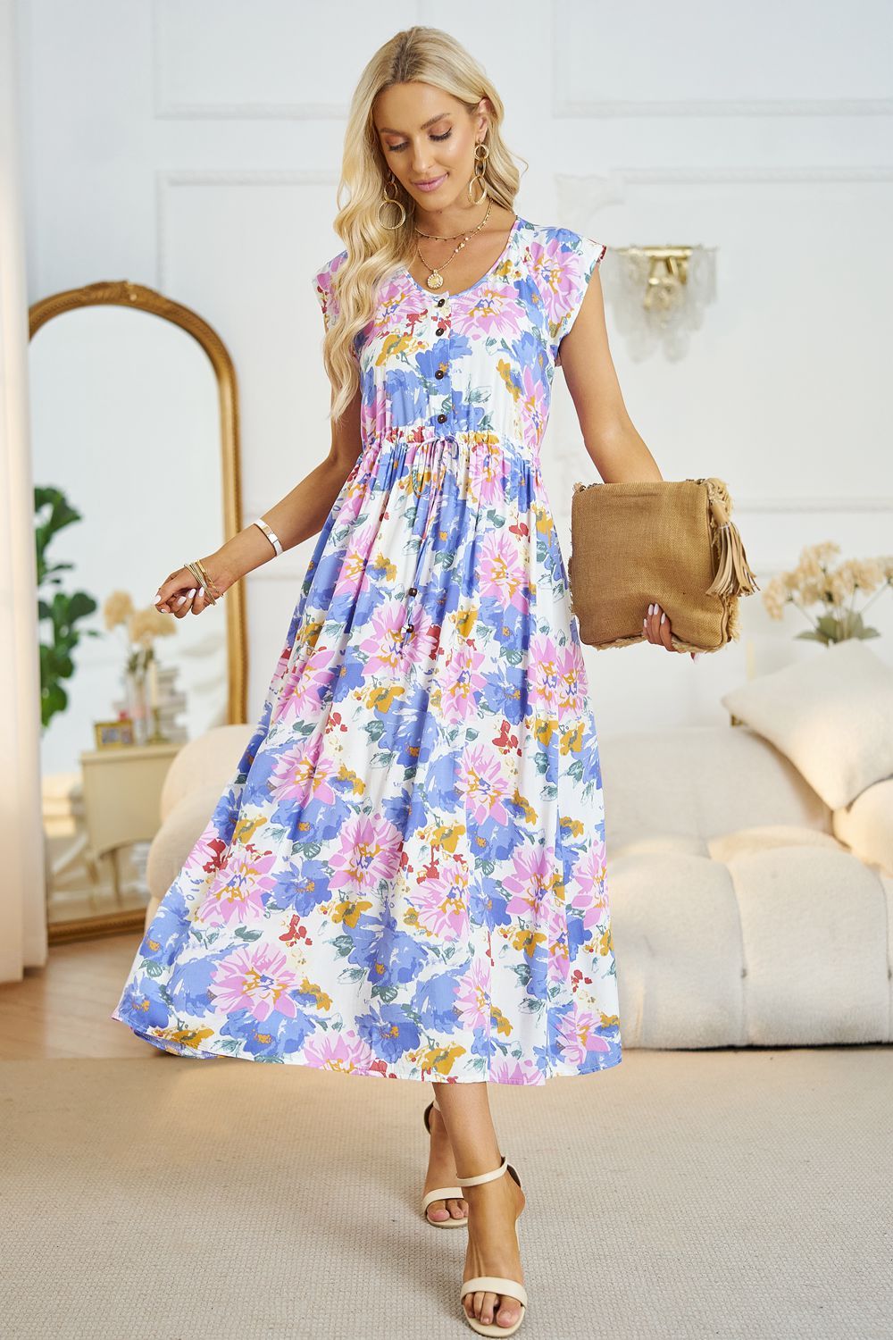 Floral V-Neck A-Line Midi Dress - By Baano