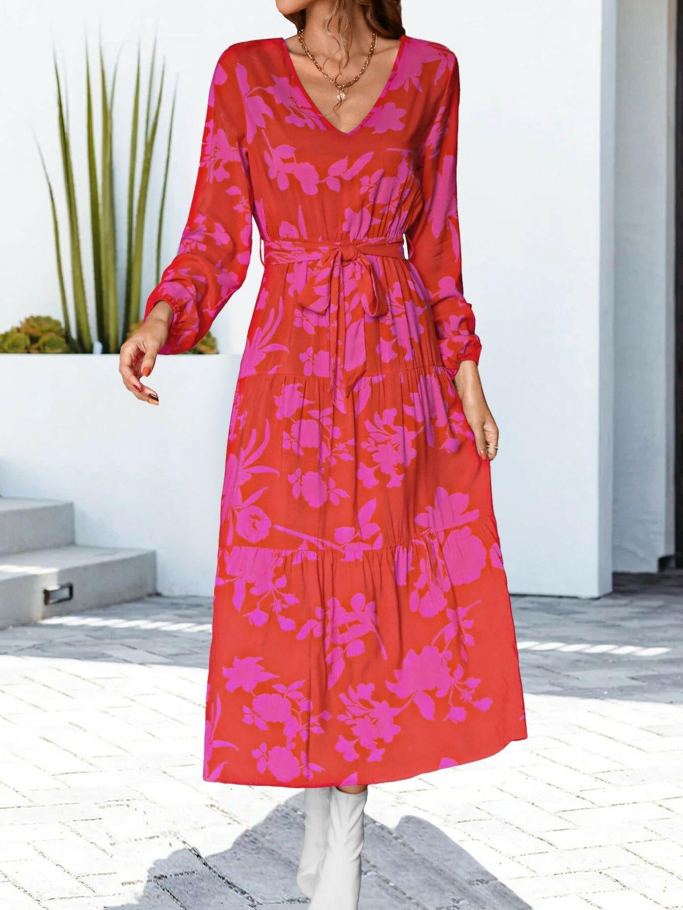Floral V-Neck Long Sleeve Dress - By Baano
