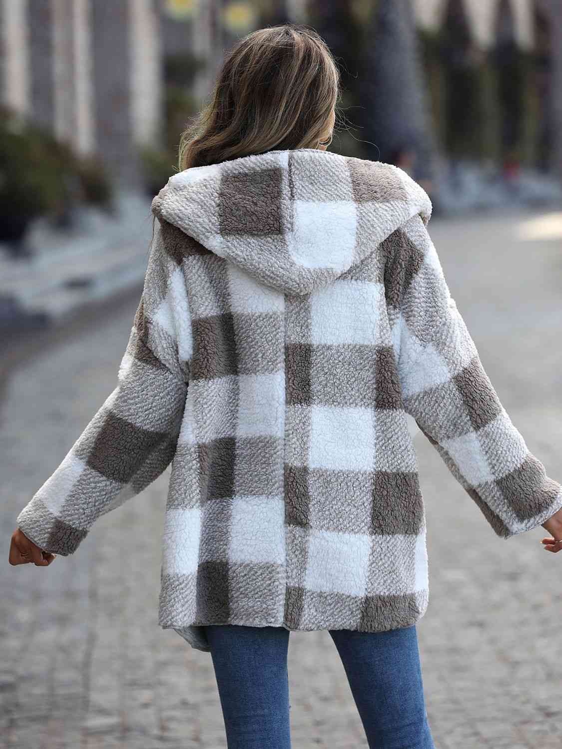 Plaid Open Front Hooded Coat - By Baano