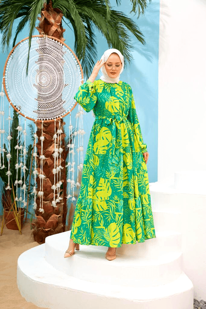 Maui Lime Green Maxi Dress with Detailed Side Design and Long Sleeves Dresses ByBaano   