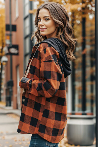 Plaid Button Up Drawstring Hooded Shacket - By Baano