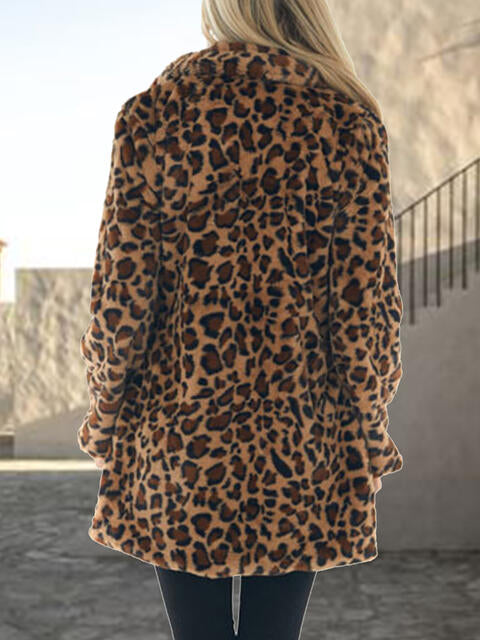 Leopard Collared Neck Coat with Pockets