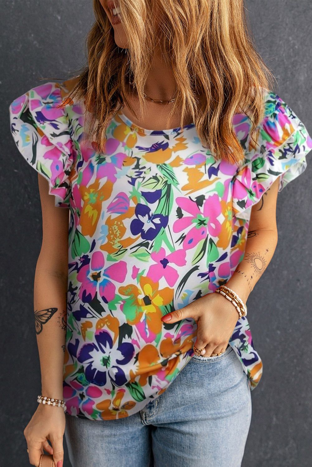Floral Tie Back Flutter Sleeve Blouse - By Baano