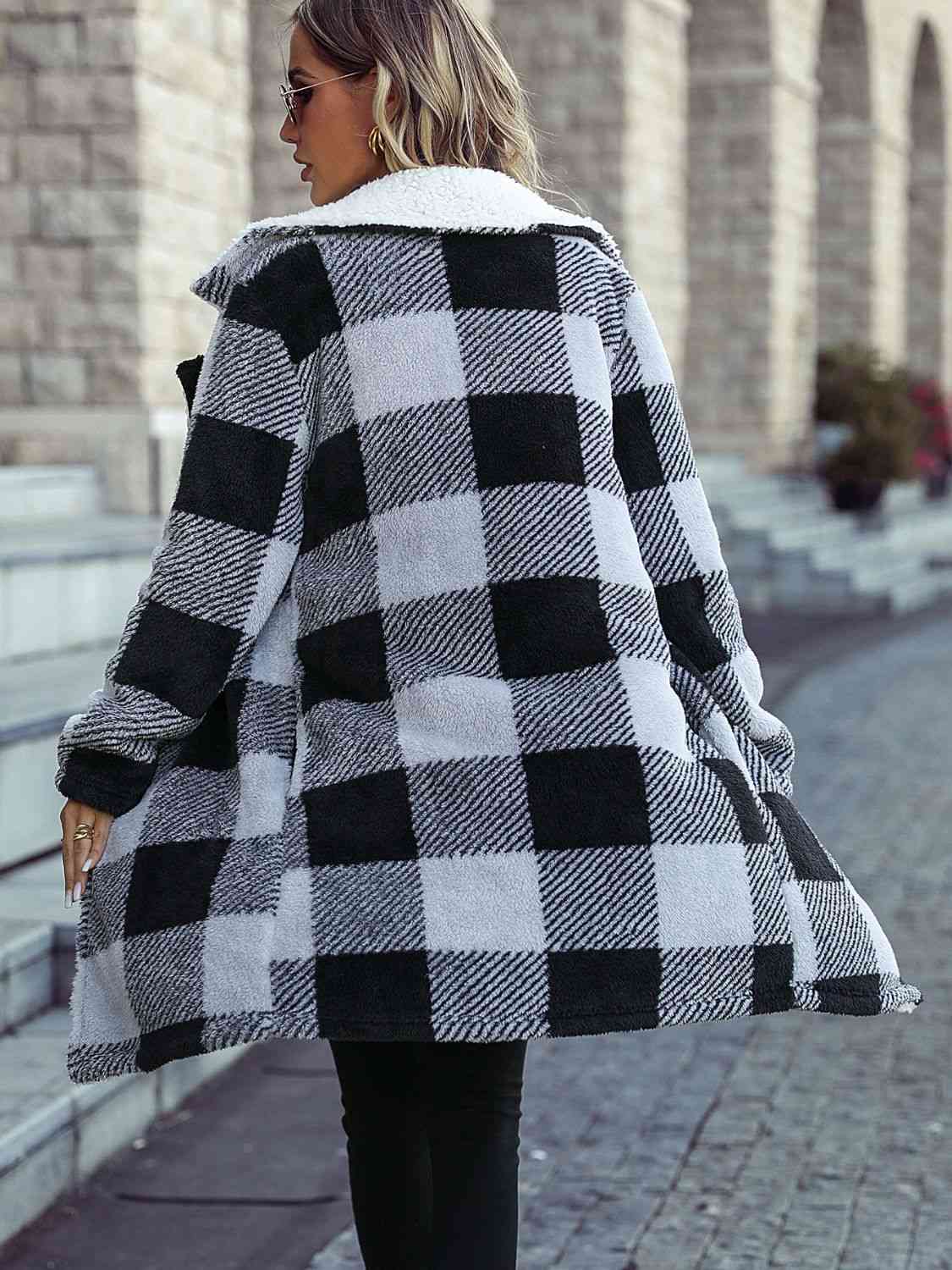 Plaid Open Front Coat with Pockets - By Baano
