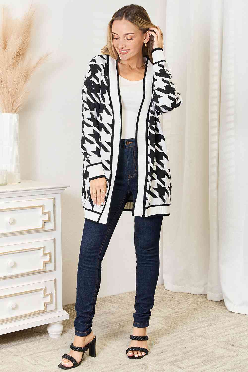 Woven Right Houndstooth Open Front Longline Cardigan - By Baano