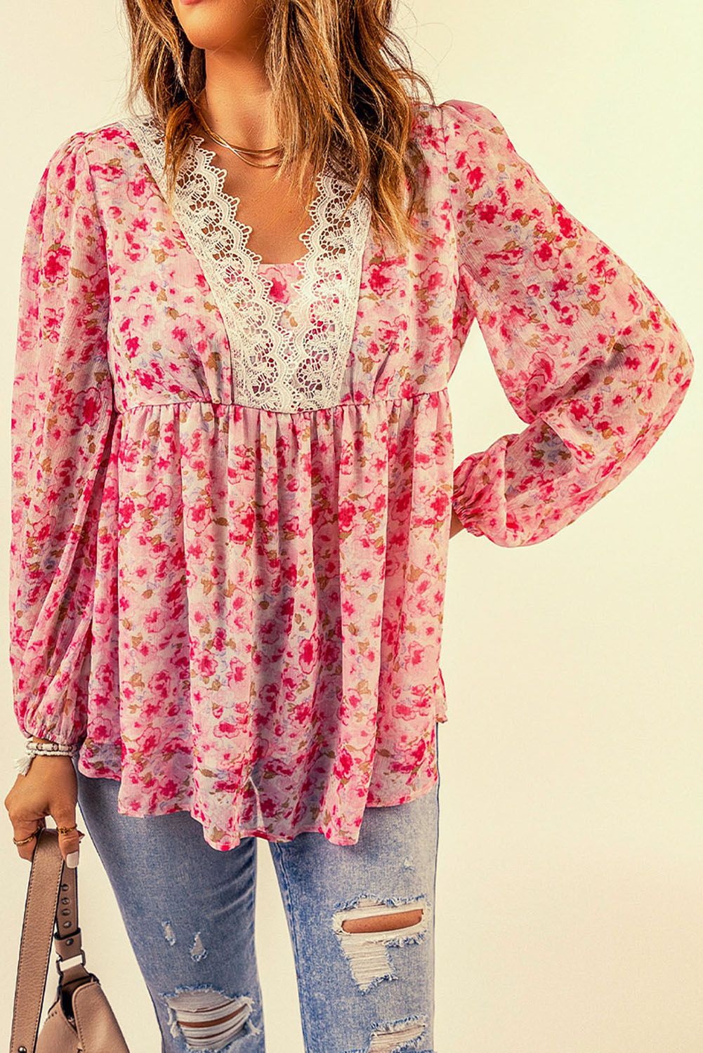 Floral Lace Trim Balloon Sleeve Blouse.