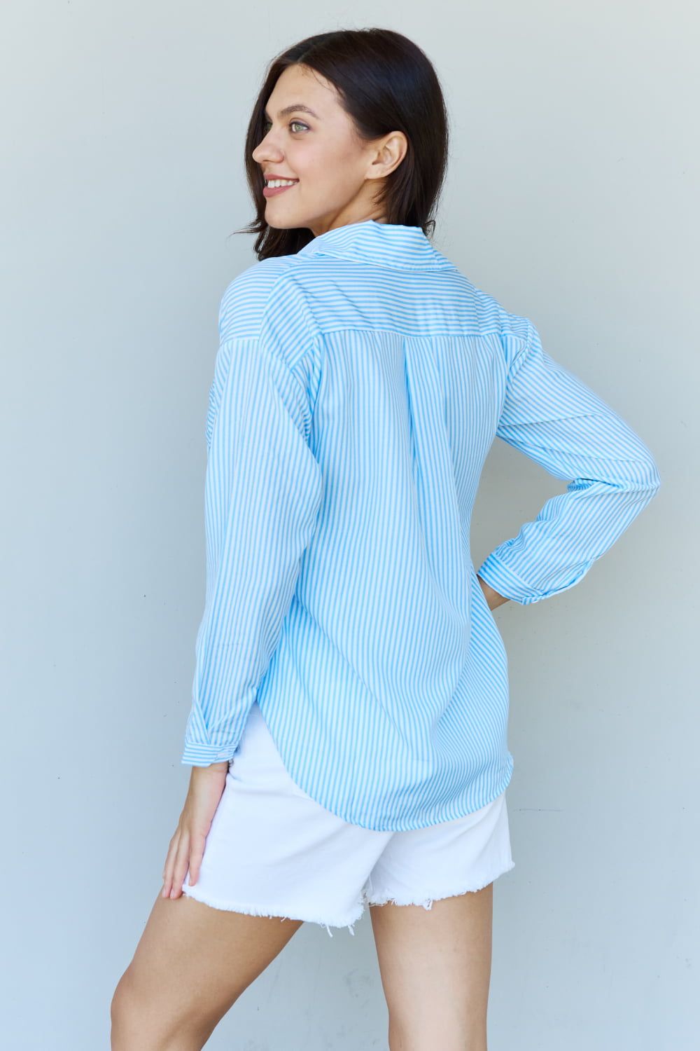 Doublju She Means Business Striped Button Down Shirt Top.