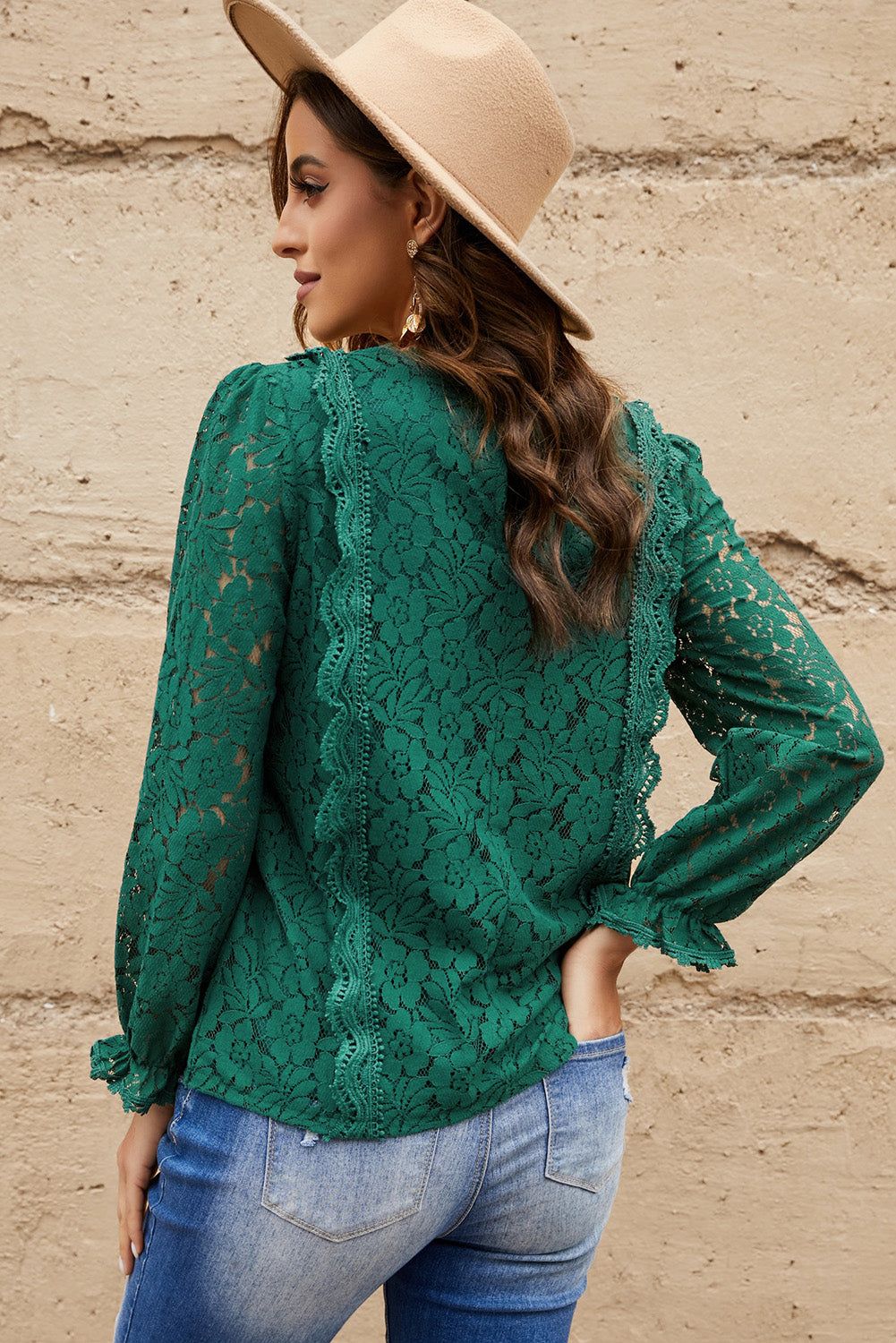 Lace Crochet V-Neck Flounce Sleeve Top - By Baano