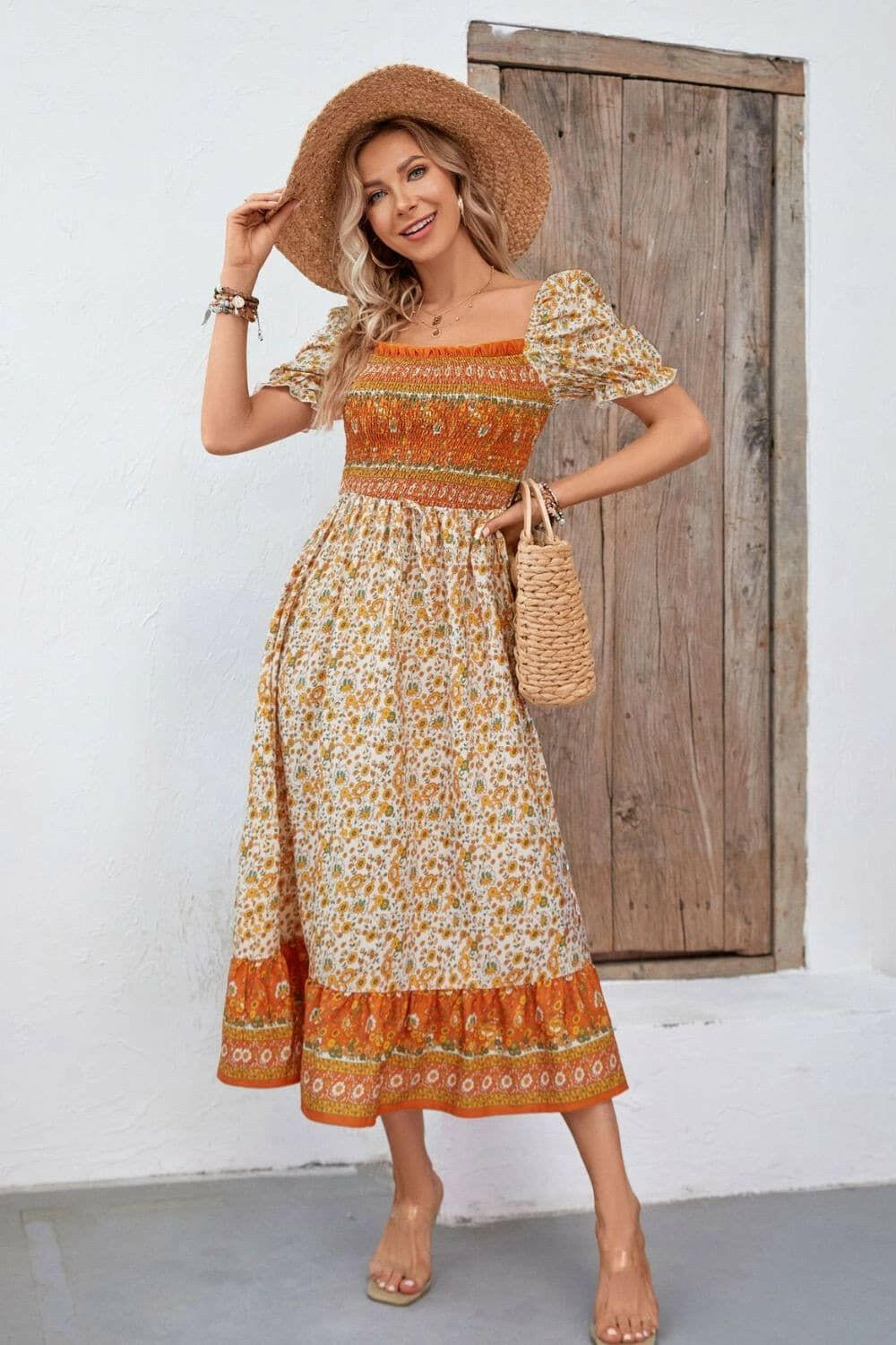 Bohemian Square Neck Puff Sleeve Dress - By Baano