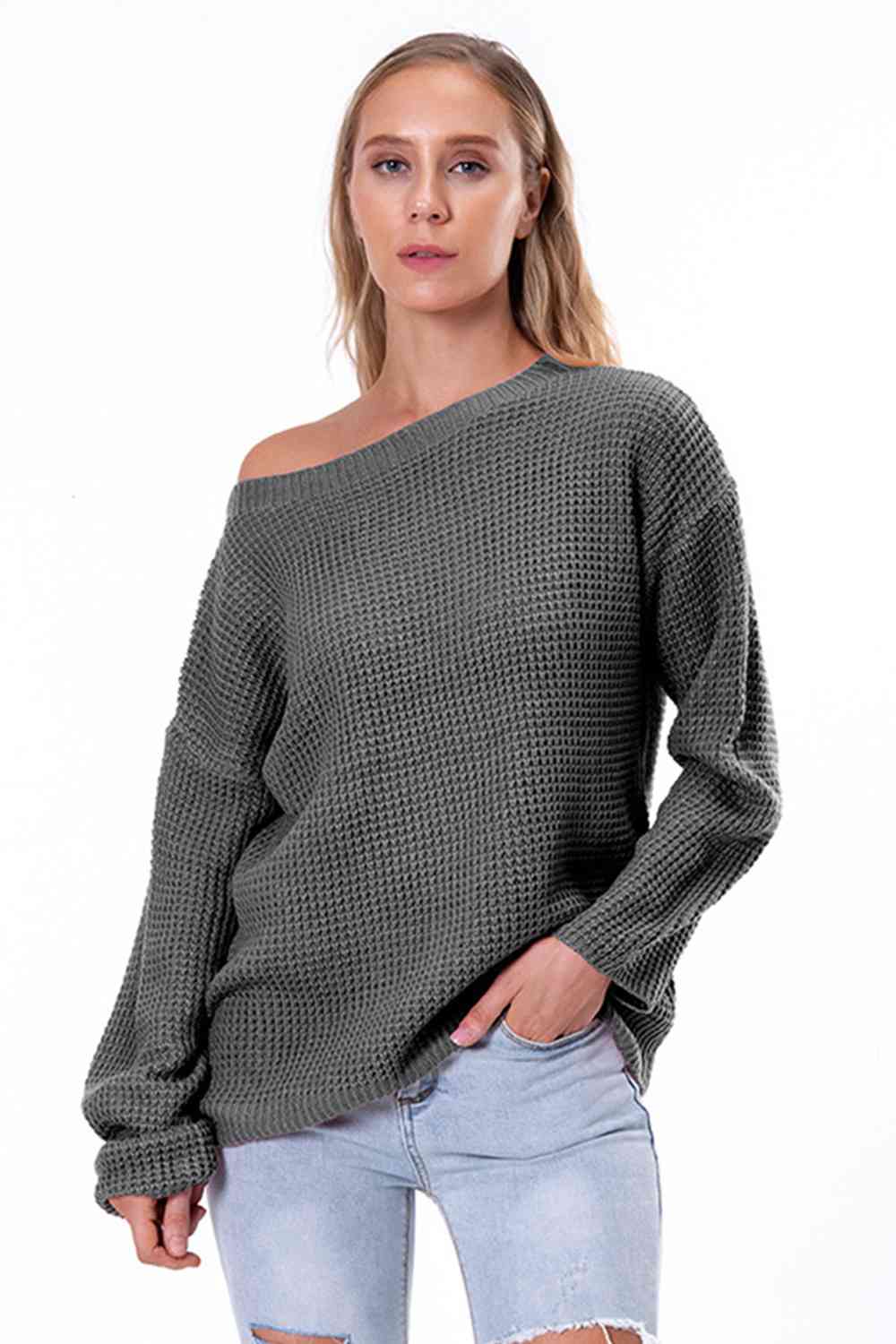Boat Neck Drop Shoulder Long Sleeve Sweater - By Baano
