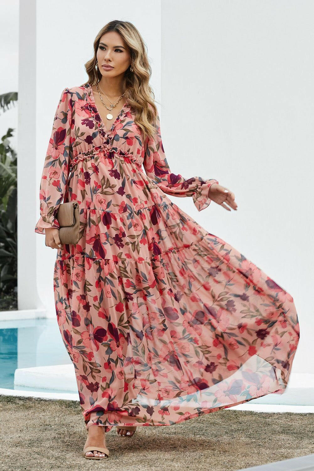 Floral Frill Trim Flounce Sleeve Plunge Maxi Dress - By Baano