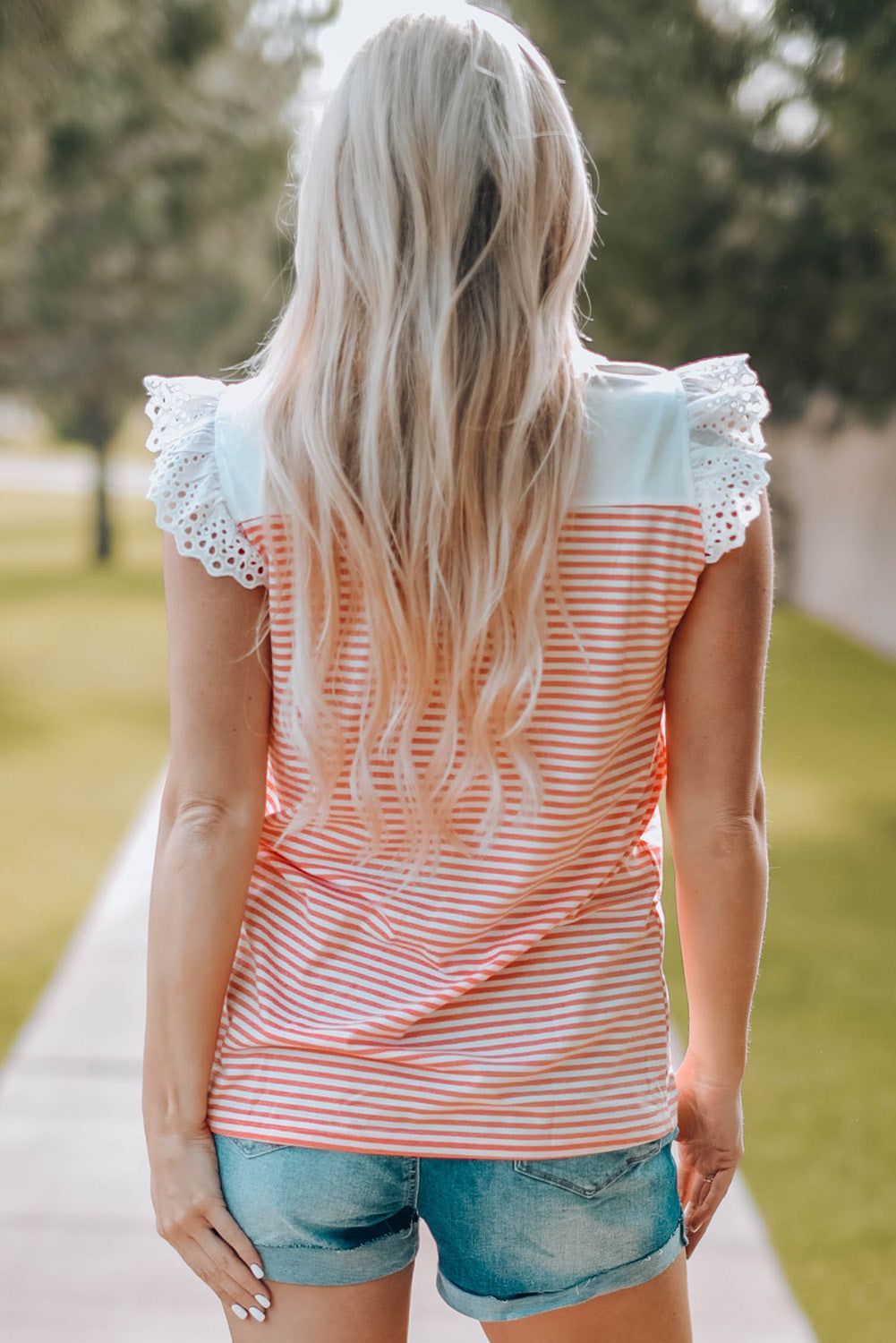 Striped Lace Trim Flutter Sleeve Top.