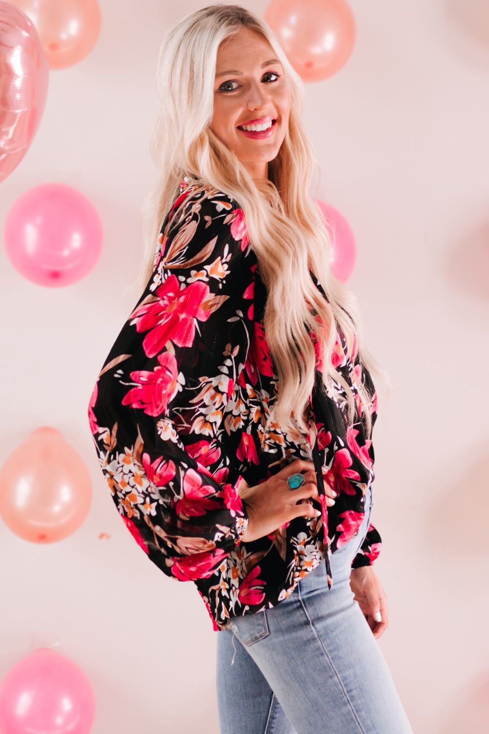 Floral V-Neck Balloon Sleeve Blouse - By Baano