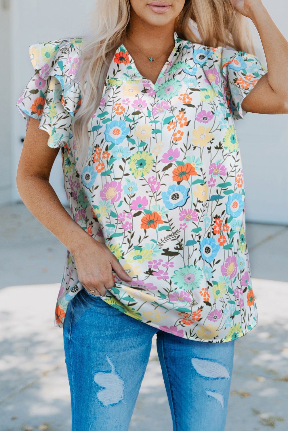 Floral Layered Flutter Sleeve Blouse - By Baano