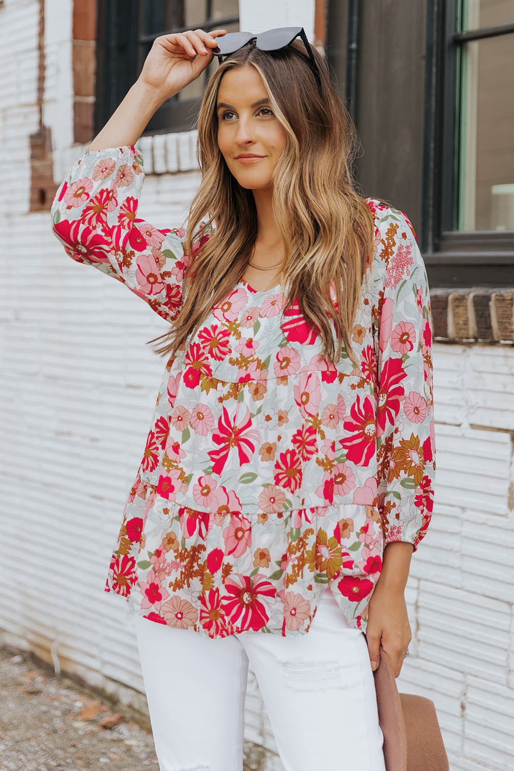 Floral V-Neck Tiered Babydoll Blouse - By Baano