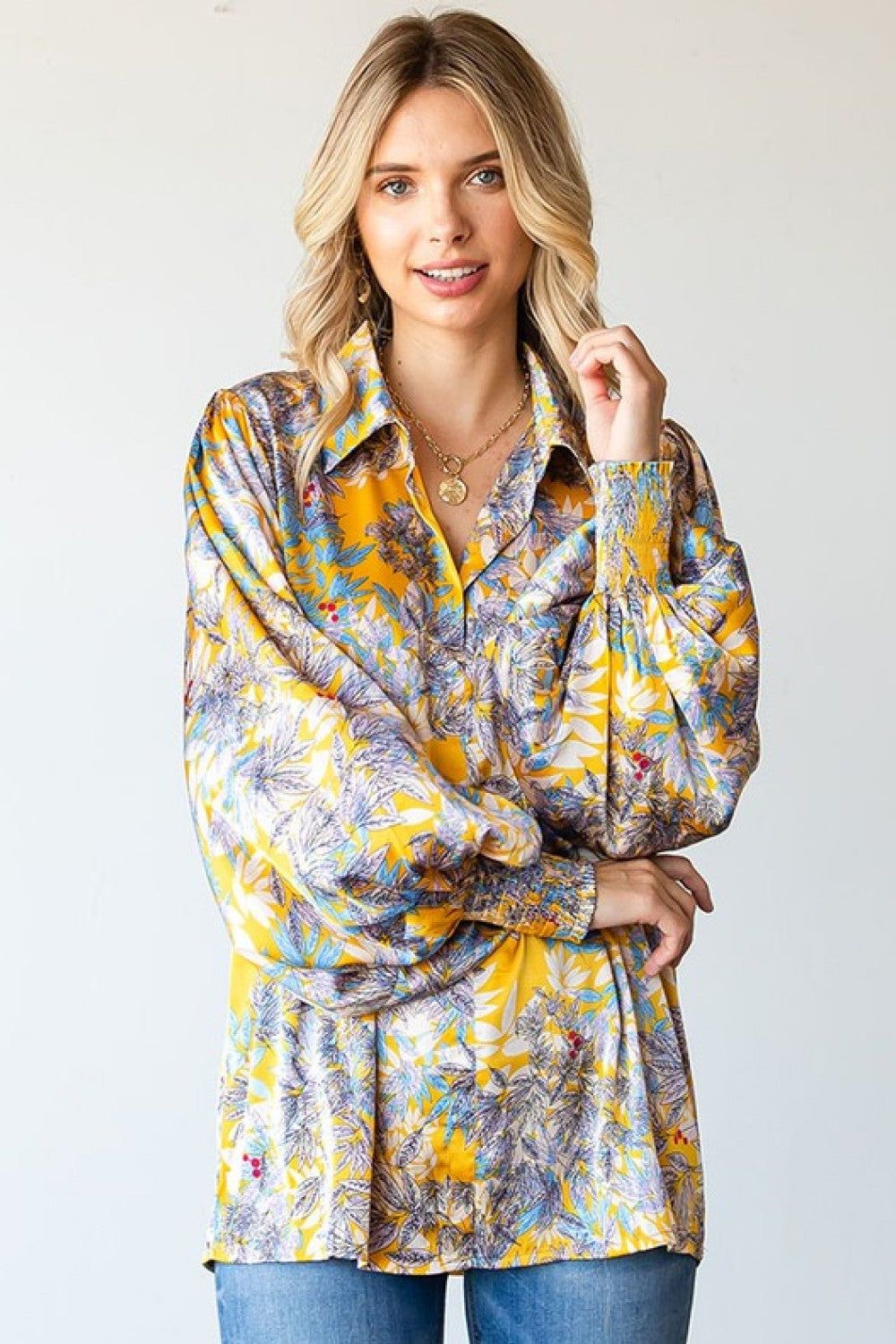 First Love Full Size Floral Lantern Sleeve Blouse.