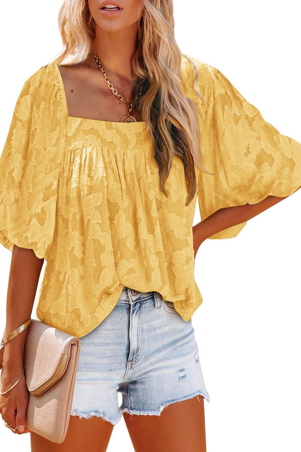 Square Neck Puff Sleeve Blouse.