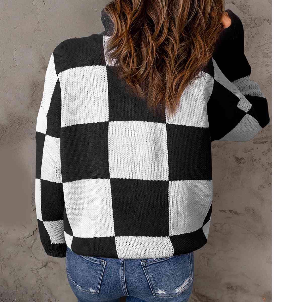 Checkered Half Zip Long Sleeve Sweater - By Baano