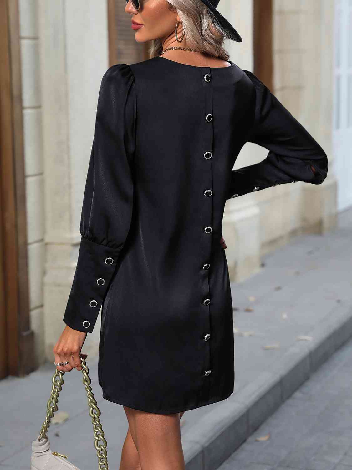 Button Back Round Neck Long Sleeve Dress - By Baano