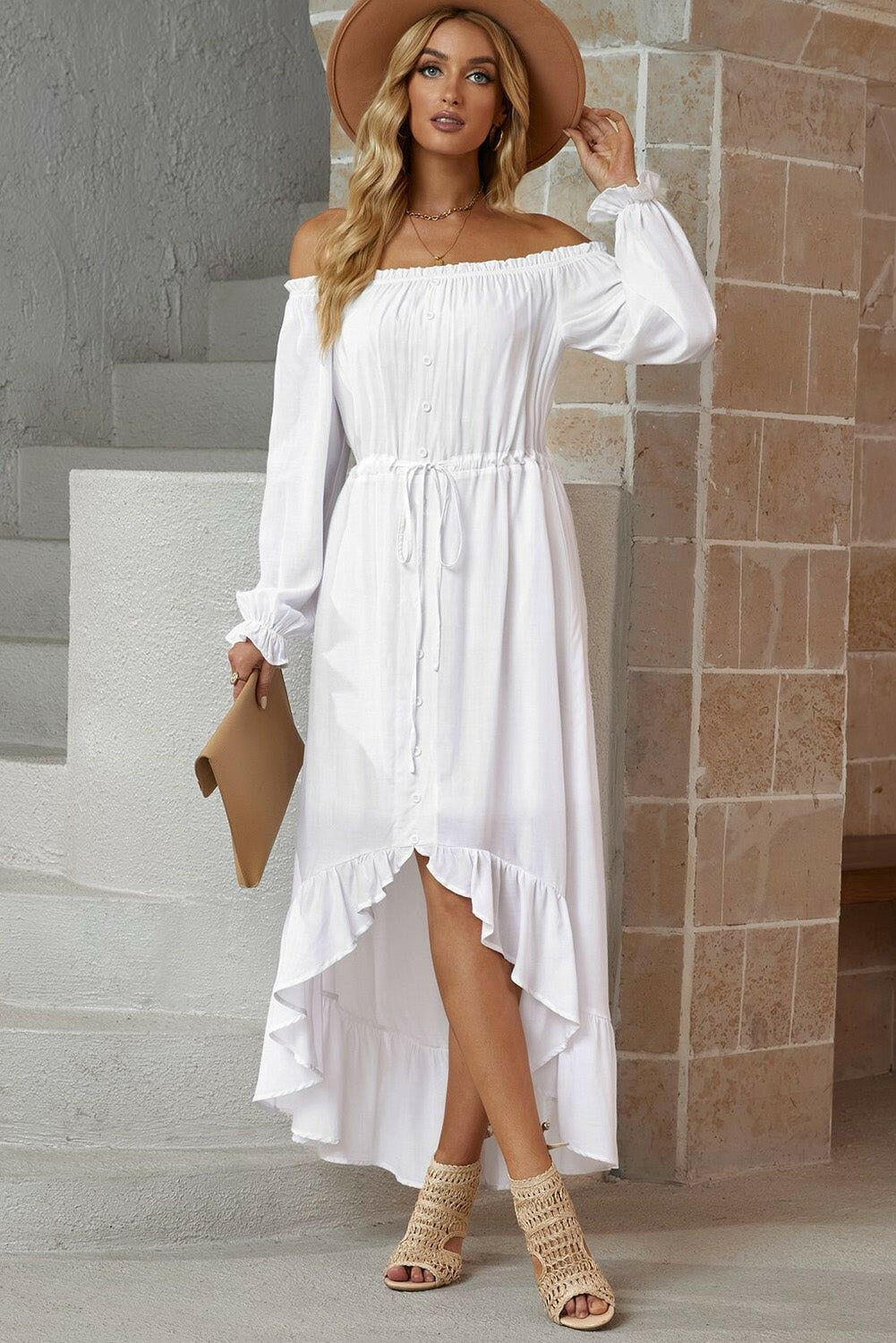 Decorative Button Ruffled High-Low Off-Shoulder Dress.