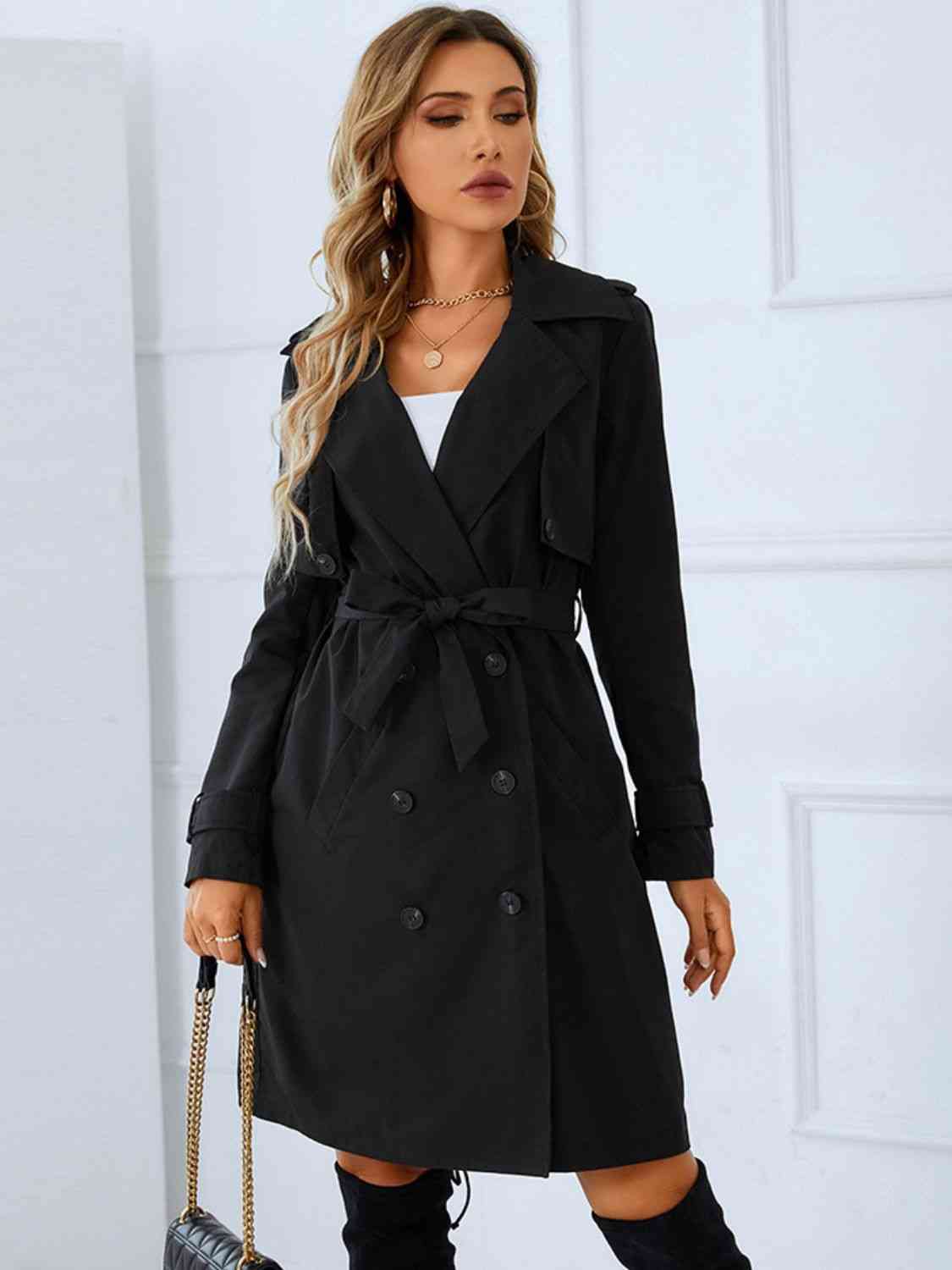 Lapel Collar Tie Belt Double-Breasted Trench Coat - By Baano