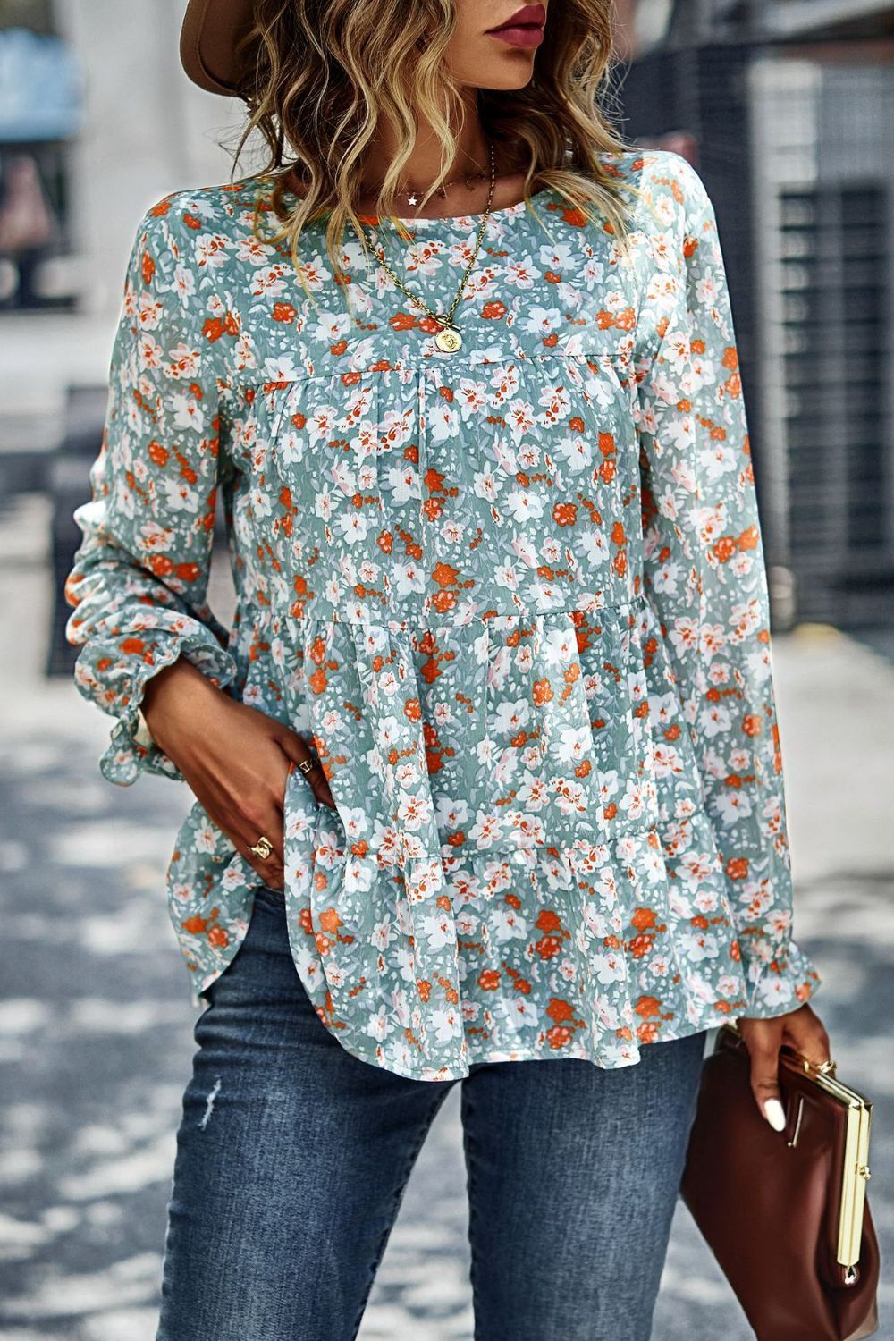 Floral Flounce Sleeve Tiered Blouse.