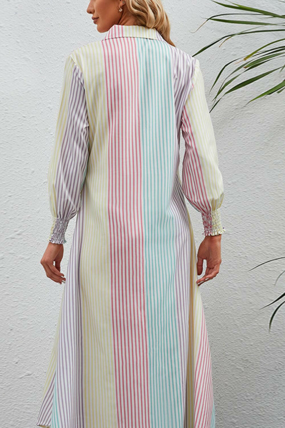 Rainbow Stripe Button-Up Maxi Shirt Dress.