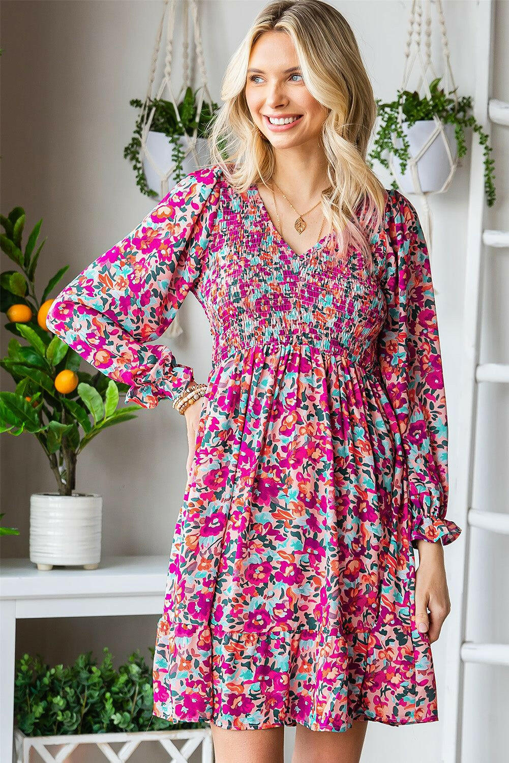 Floral Smocked V-Neck Flounce Sleeve Dress - By Baano