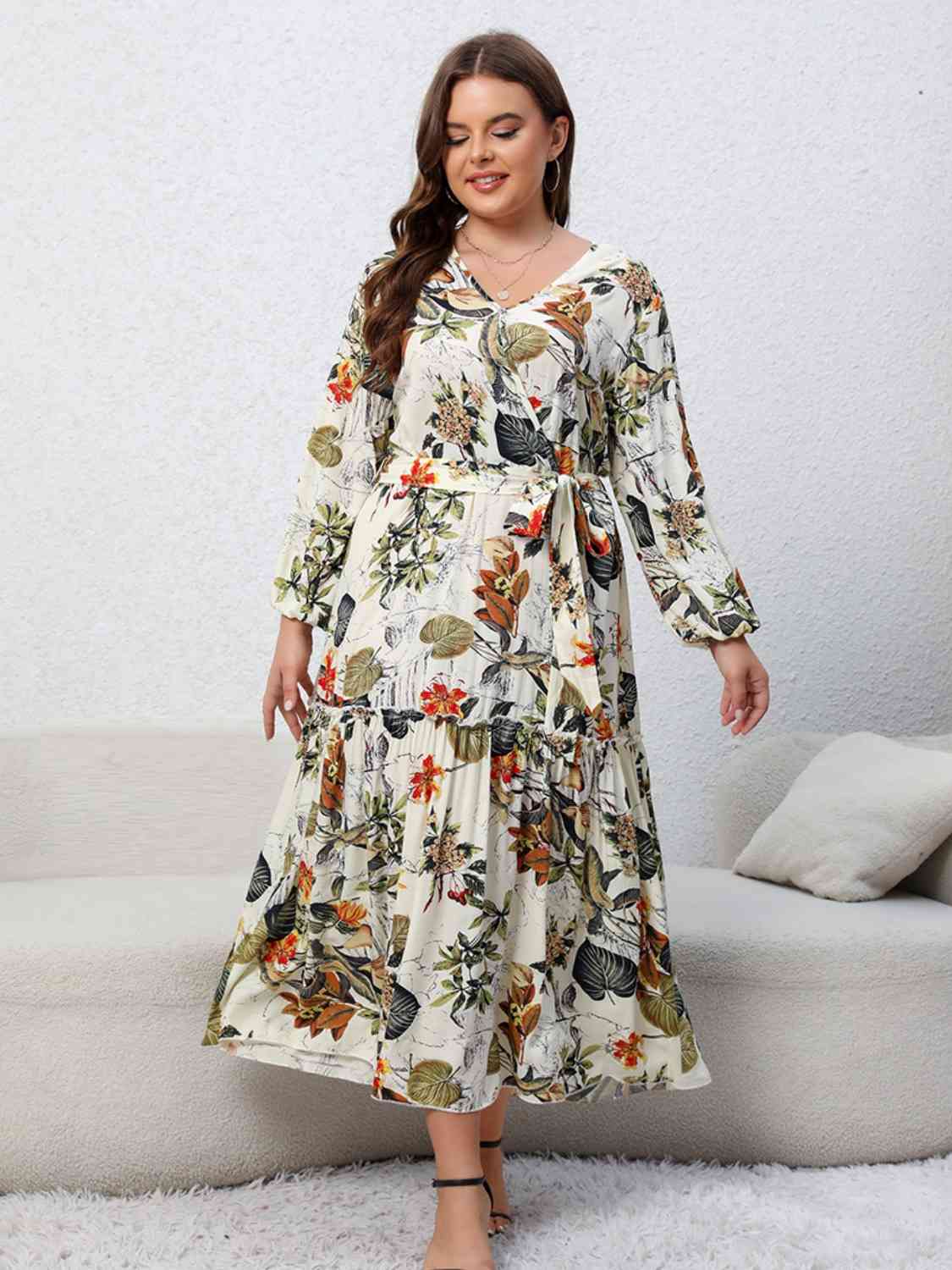 Plus Size Floral Tied Balloon Sleeve Midi Dress - By Baano