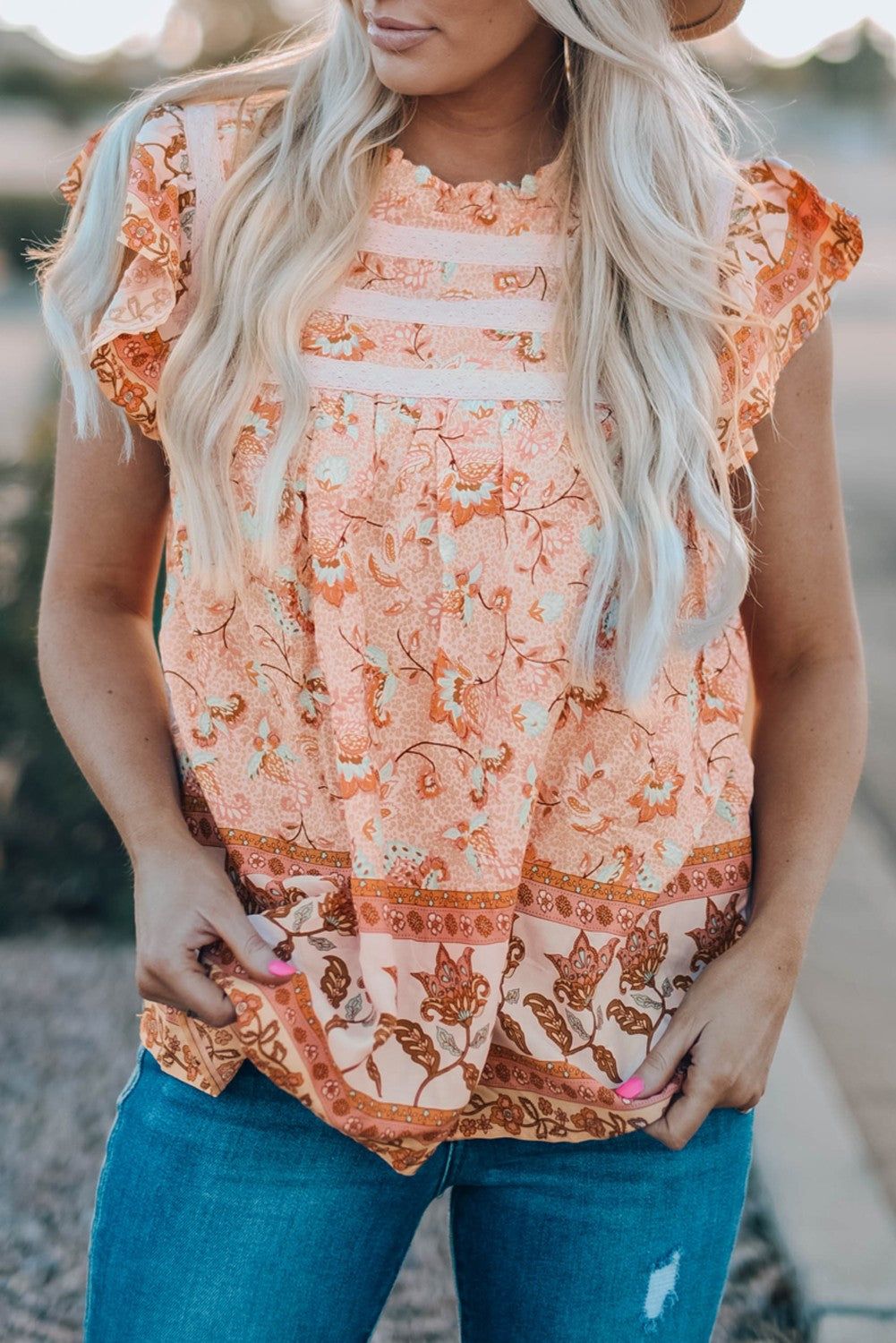 Floral Flutter Sleeve Sleeveless Blouse - By Baano