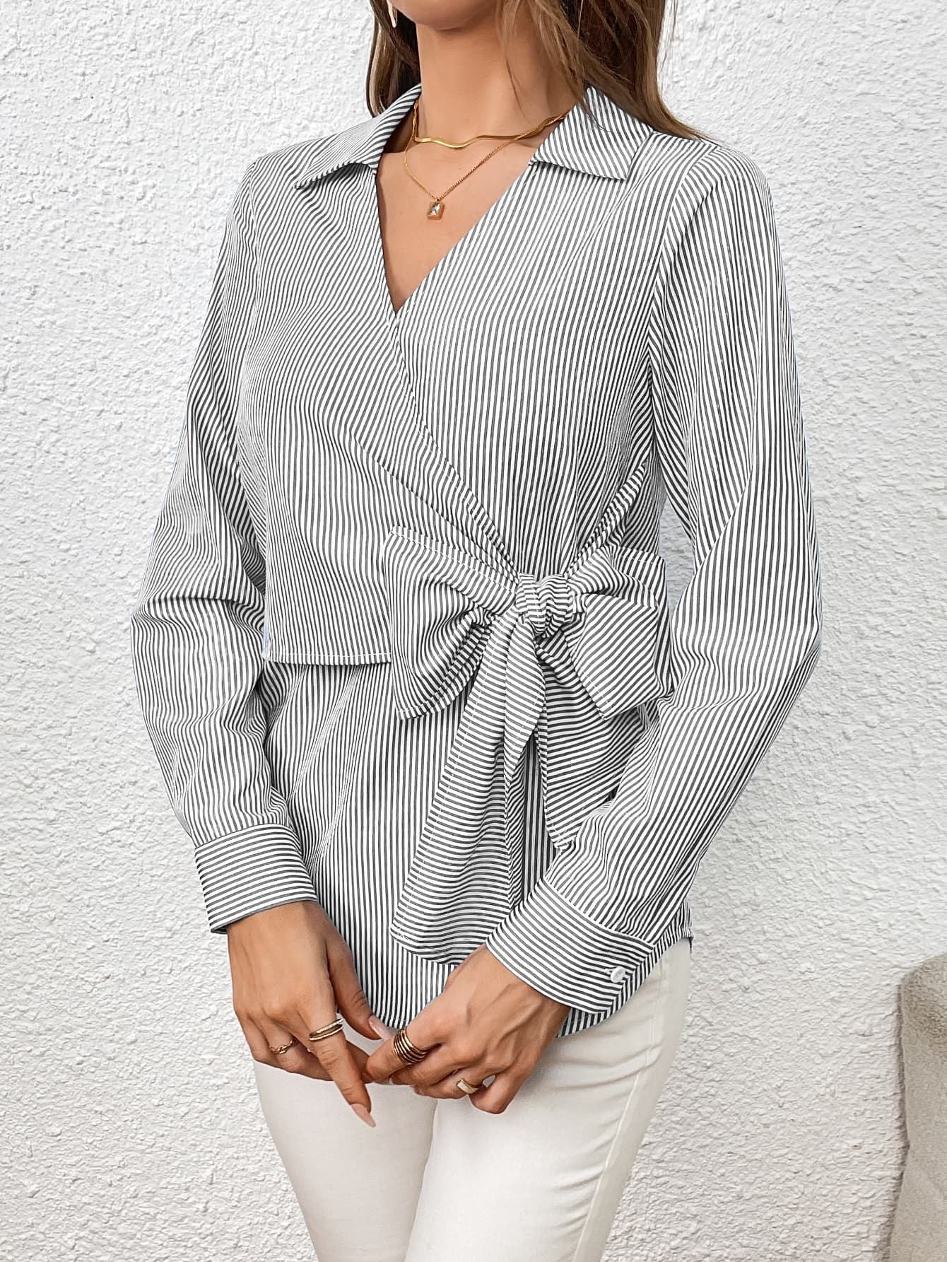 Bow Tie Waist Johnny Collar Neck Striped Blouse - By Baano