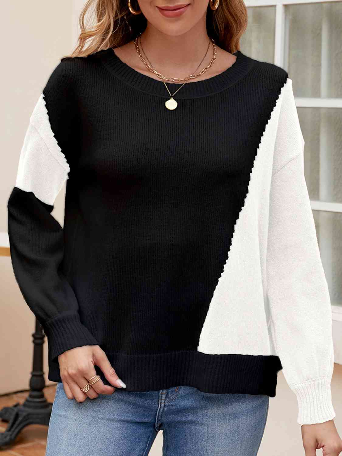 Contrast Round Neck Long Sleeve Knit Top - By Baano