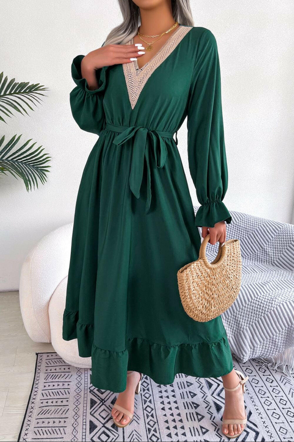 Contrast Belted Flounce Sleeve Dress - By Baano