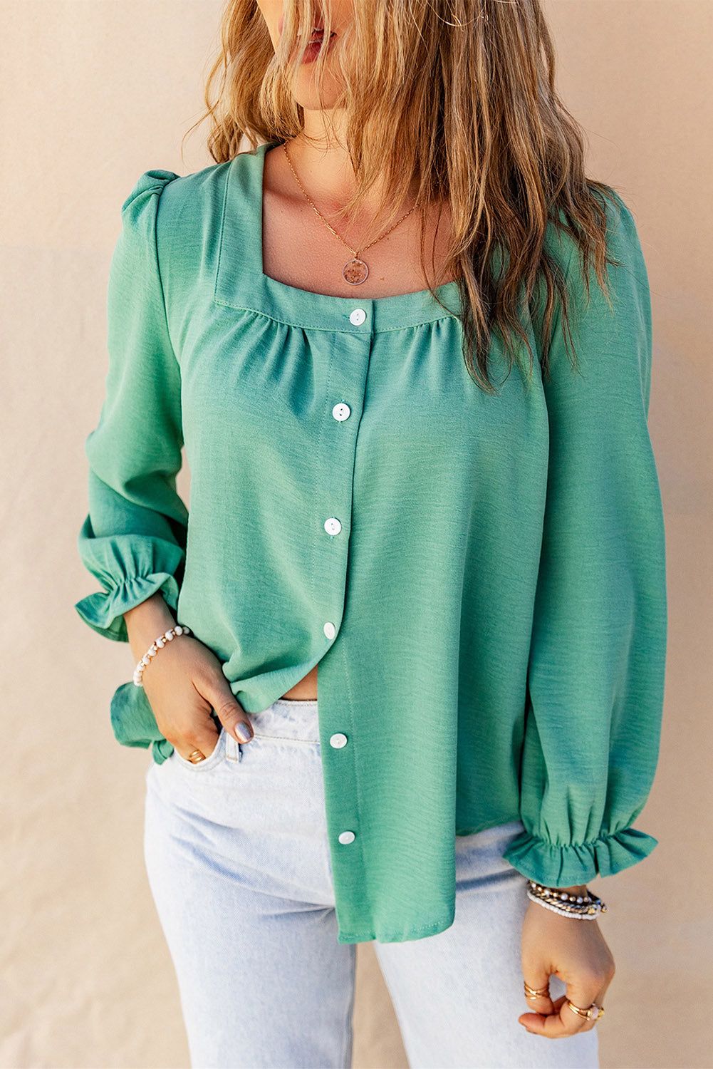 Square Neck Flounce Sleeve Buttoned Shirt.